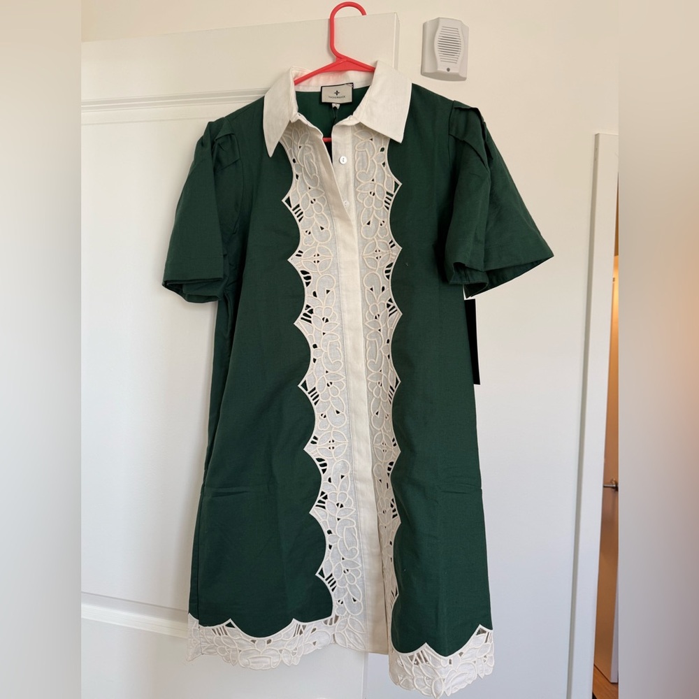 Dark Green Eyelet Trim Cotton Linen Delilah Dress - Picture 2 of 7